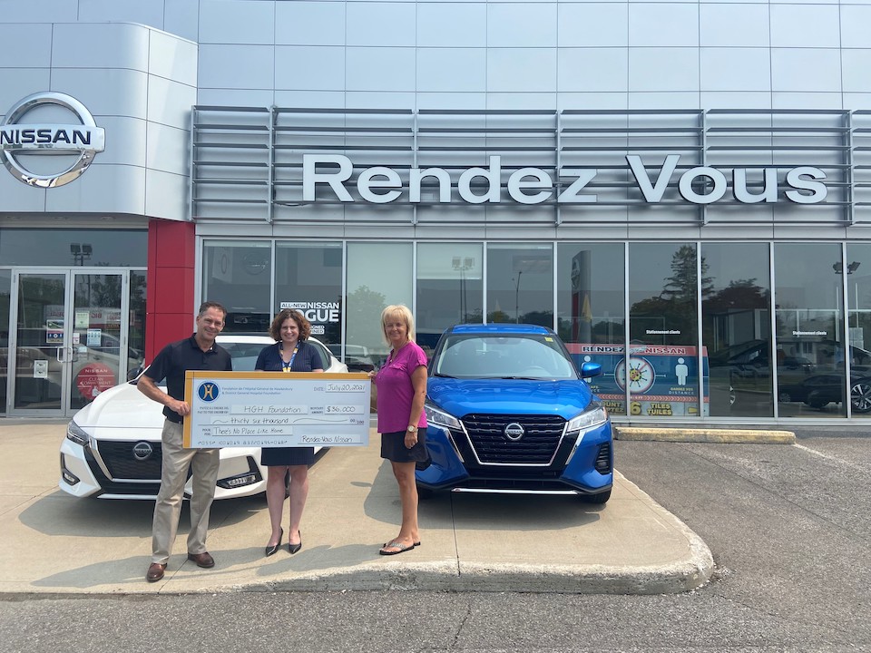 A $ 36,000 cheque from Rendez-Vous Nissan is presented to the HGH Foundation. Pictured (from left to right) are: Doug Kego, Erin Tabakman and Diane Pouliot.