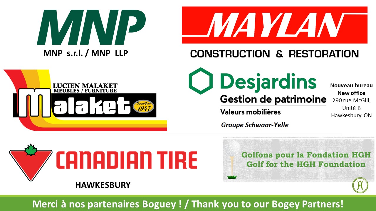 Merci à nos partenaires Boguey : MNP, Maylan Construction et Restoration, Meubles Malaket, Desjardins Gestion du patrimoine et Canadian Tire