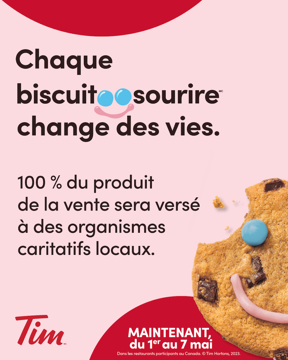 Affiche annonce de la semaine du biscuit sourire Tim Horton's du 1er au 7 mai 2023