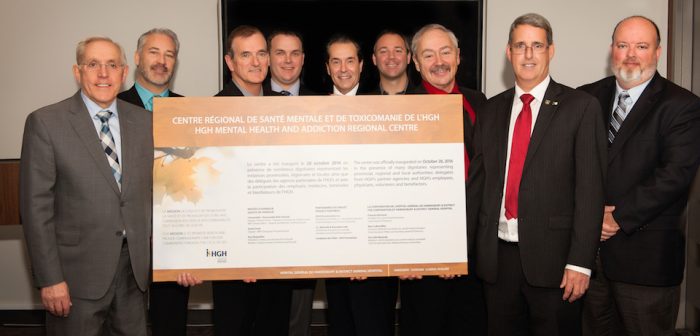 Were present for the plaque unveiling and official picture: Honourable Bob Chiarelli, Minister of Infrastructure and MPP, Ottawa West-Nepean; Antony Assaly, ASCO Contruction; Marc LeBoutillier, CEO, HG; René Lambert, representative from J.L Richards; François Bertrand, Chair, Board of Directors, HGH; Jason Assaly, ASCO Contruction; Guy Desjardins, Warden of the United Counties of Prescott-Russell; Grant Crack, MPP, Glengarry-Prescott-Russell; Sébastien Racine, President, Board of Directors, HGH Foundation