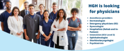 Group of nine men and women physicians standing in a hospital